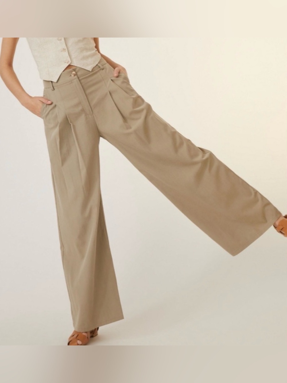 Anthropologie X Amadi Pleated
Wide Leg Trousers Sand Beige High Rise Tencel - Picture 2 of 10